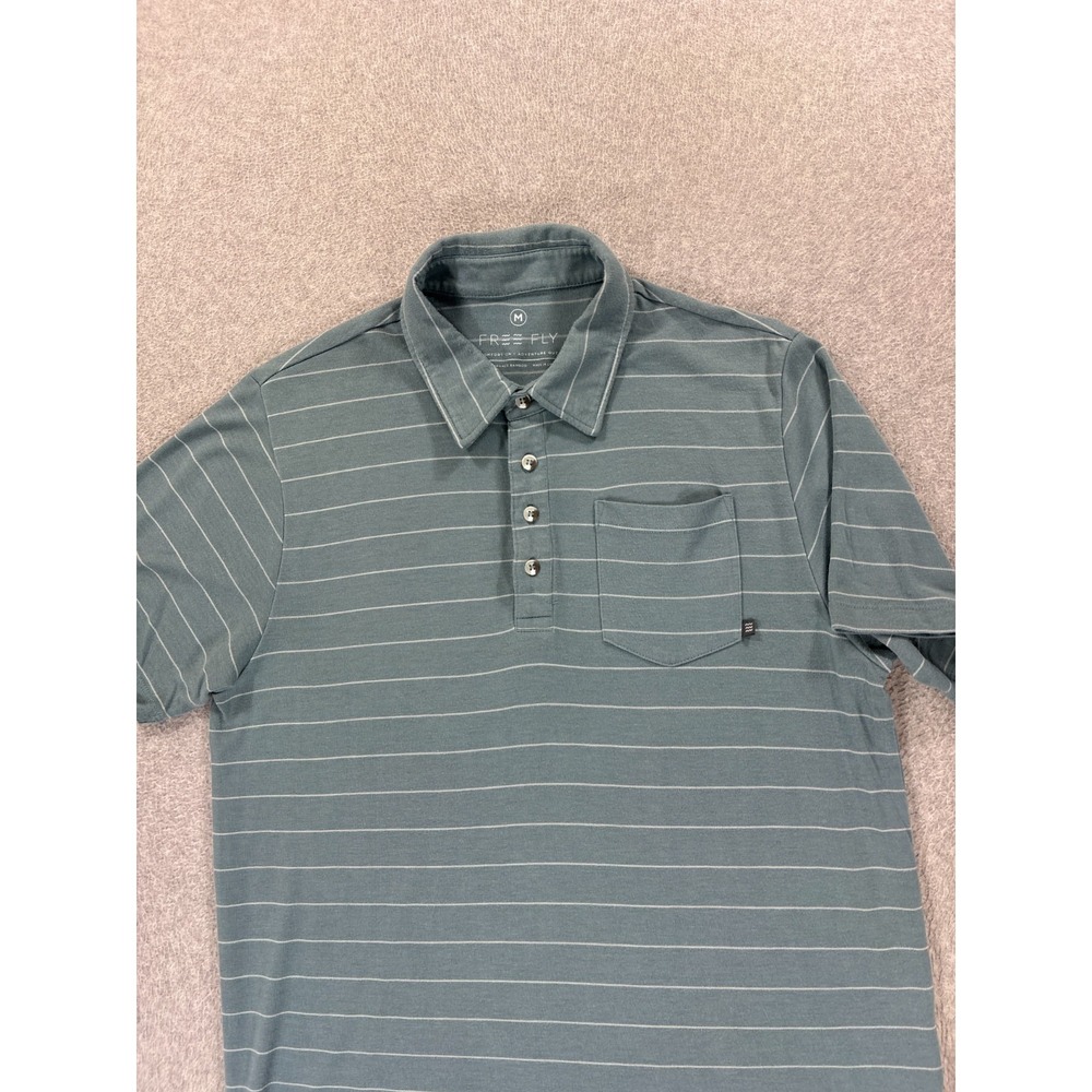 Free Fly Bamboo Blend Short Sleeve Striped Polo Shirt (Men's Medium) Blue - Picture 2 of 9